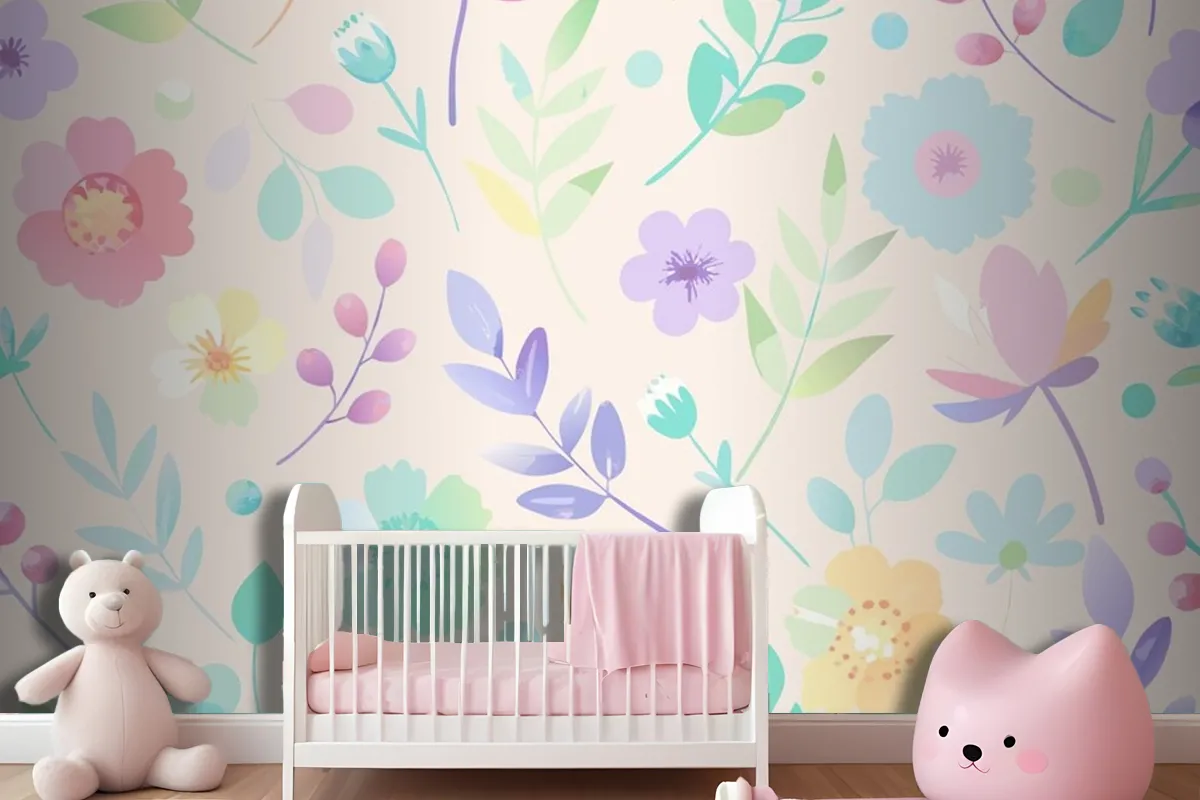 Seamless Pattern With Flowers And Leaves In Pastel Colors Wallpaper Mural