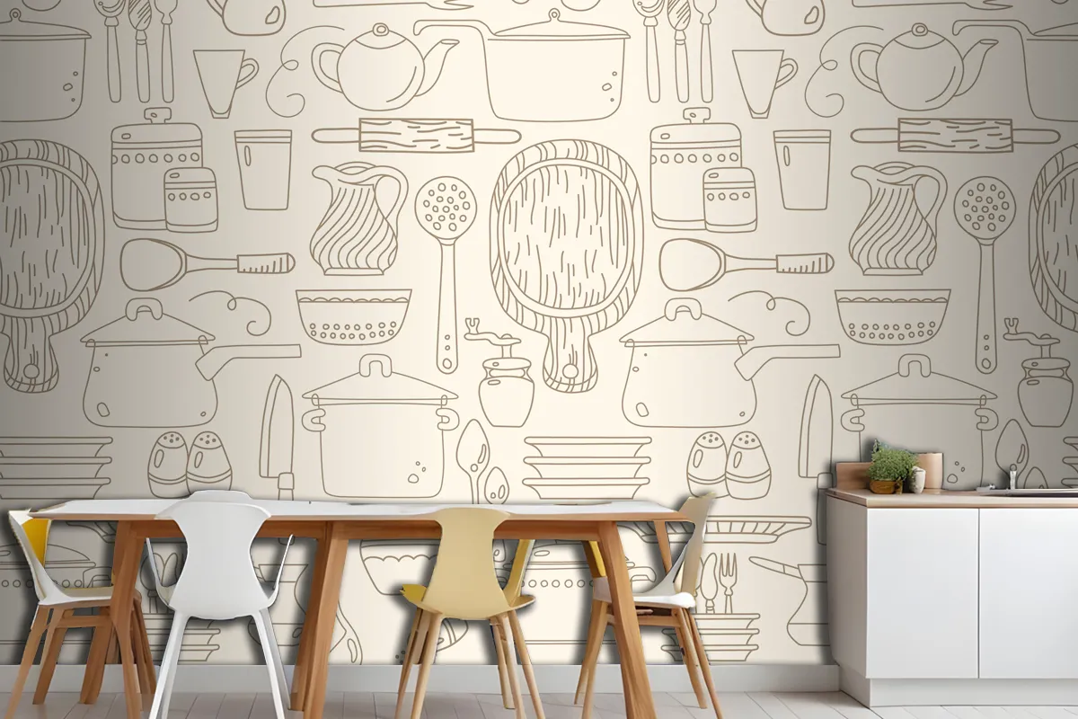 Seamless Pattern With Kitchen Utensils On Beige Wallpaper Mural