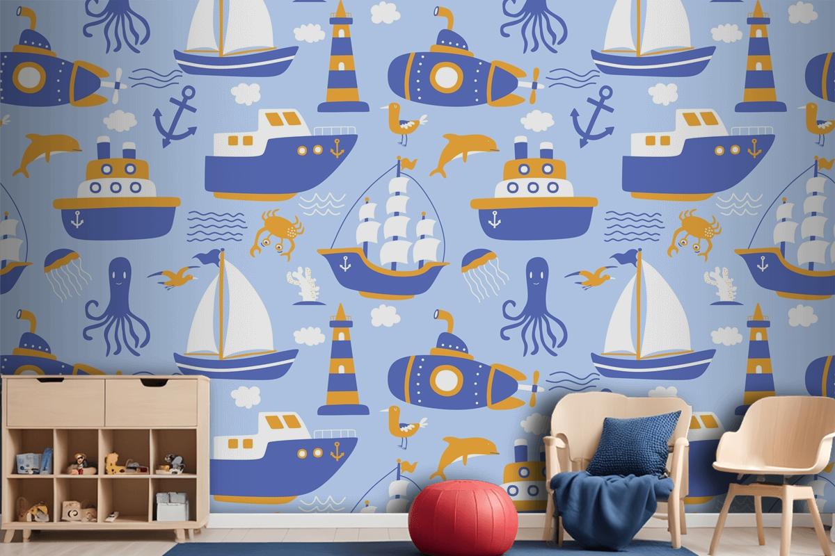 Seamless Pattern With Ships Wallpaper Mural