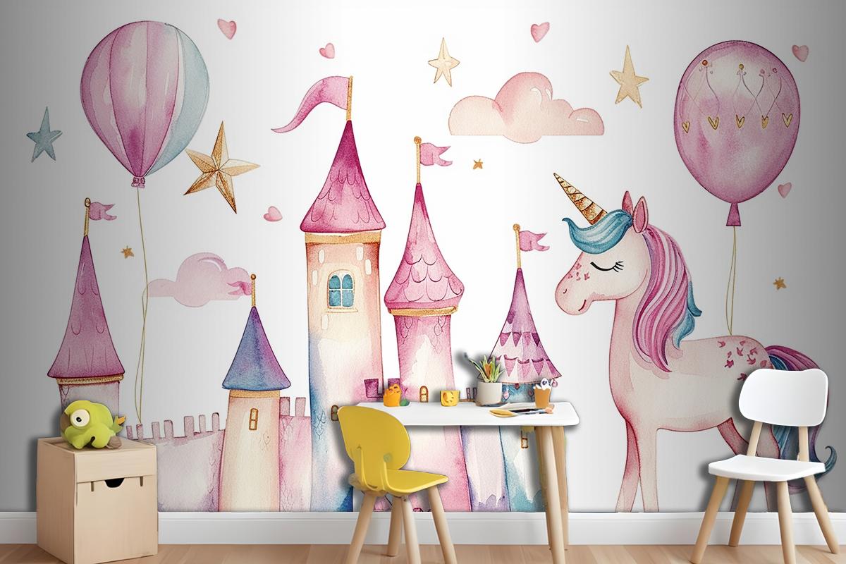 Set Of Cute Watercolor Kingdom Unicorn And Castle For Kids Book Birthday Party Wallpaper Mural