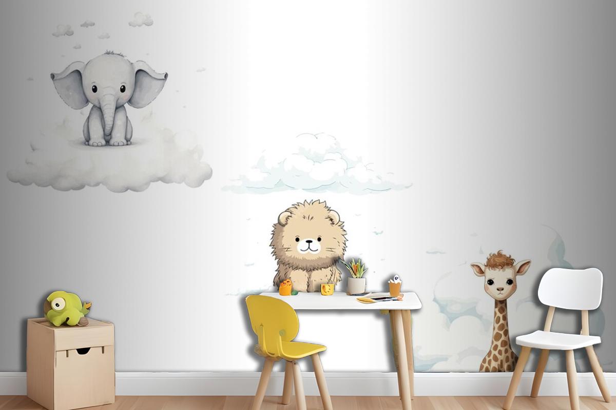 Set Sute Baby Funny Animals Elephant Giraffe Lion Wallpaper Mural