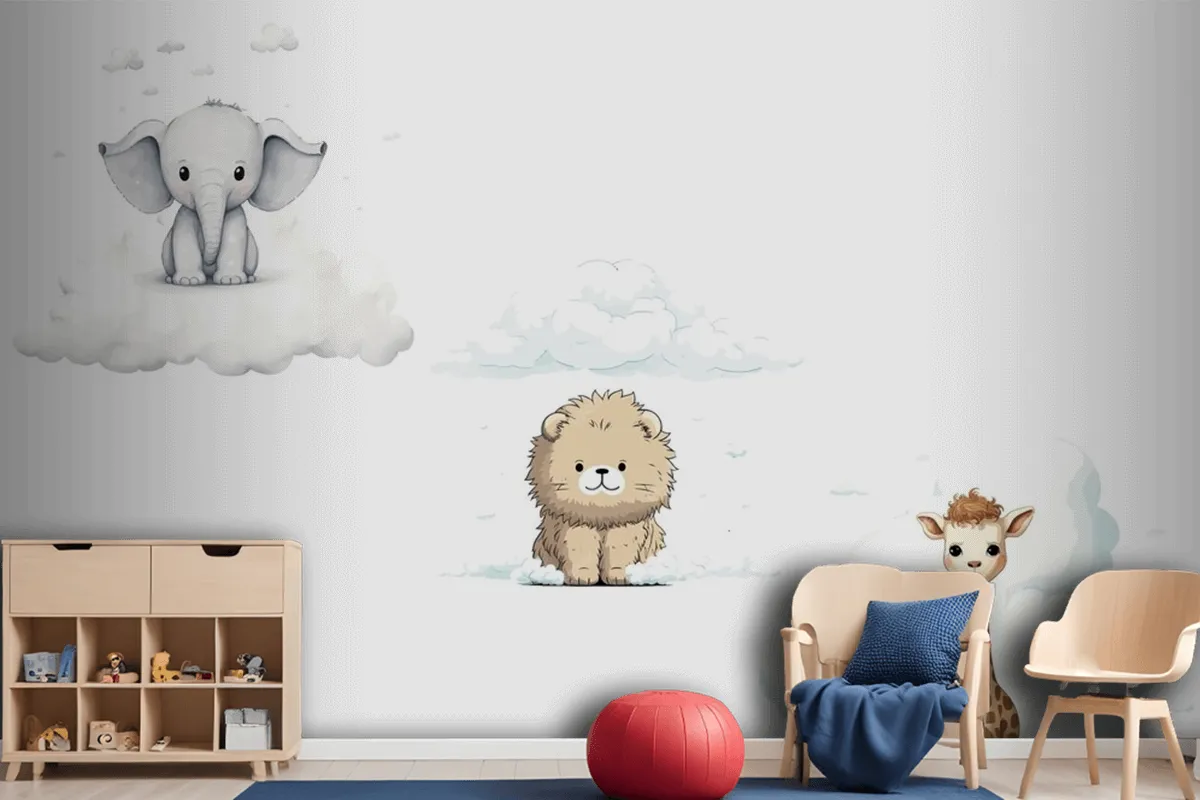 Set Sute Baby Funny Animals Elephant Giraffe Lion Wallpaper Mural