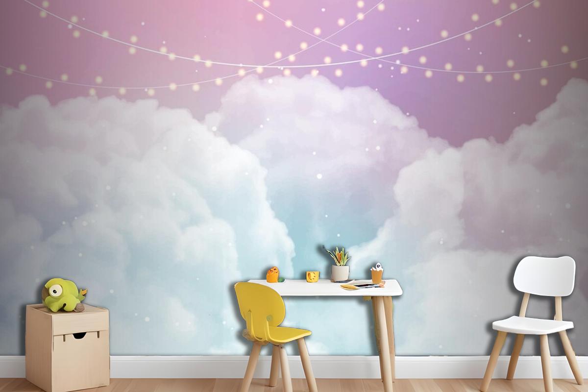 Sky Background With Sugar Cotton Candy Clouds And Stars Design Wallpaper Mural