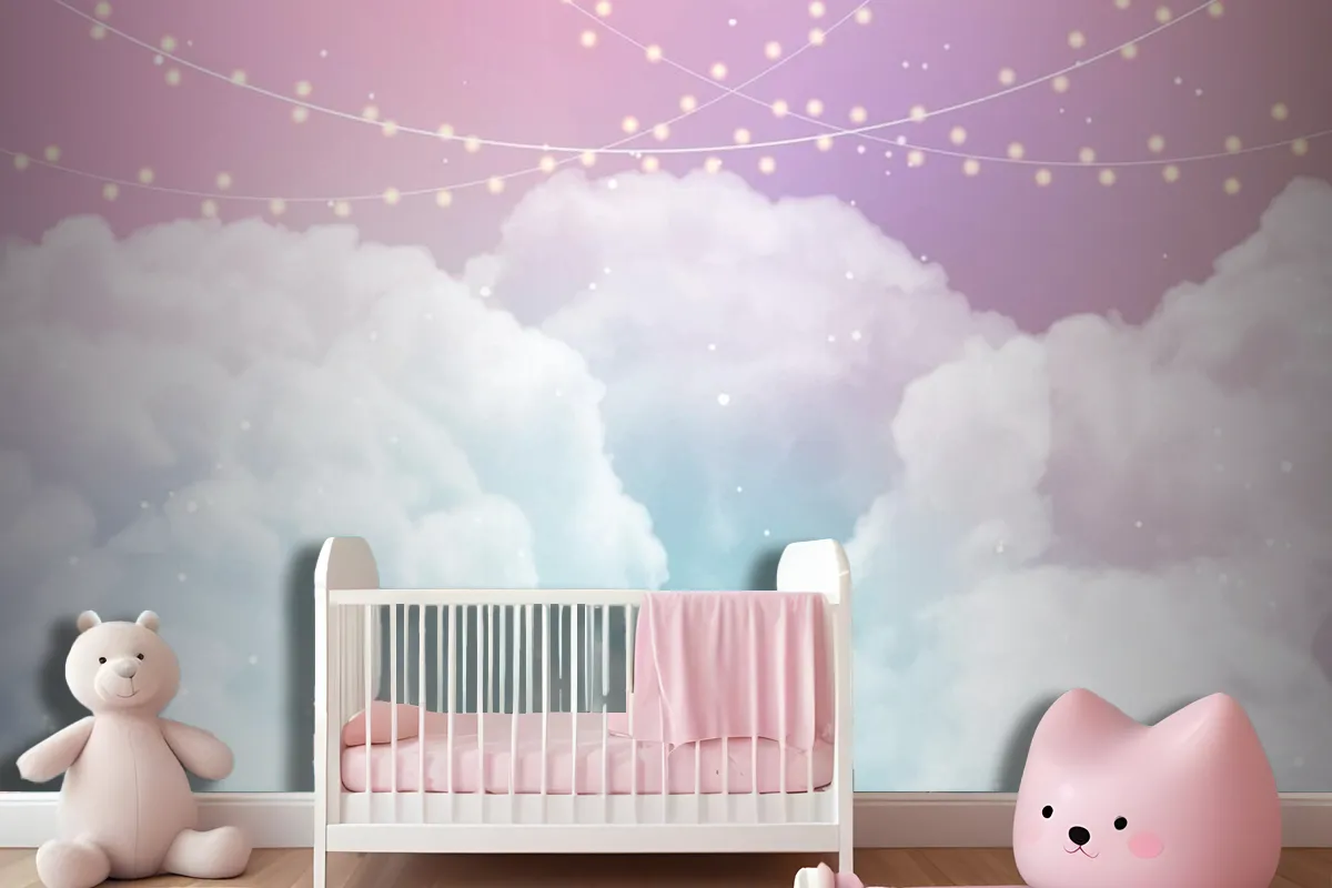 Sky Background With Sugar Cotton Candy Clouds And Stars Design Wallpaper Mural