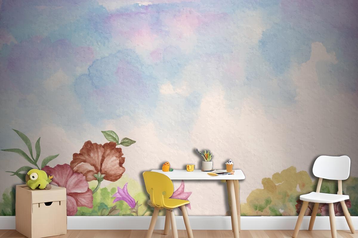 Sky View Watercolor Landscape Background With Flowers Wallpaper Mural