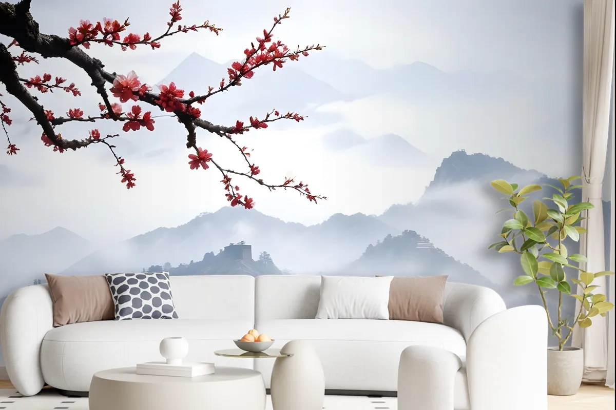 Snowy Mountainscape With Cherry Blossom Wallpaper Mural