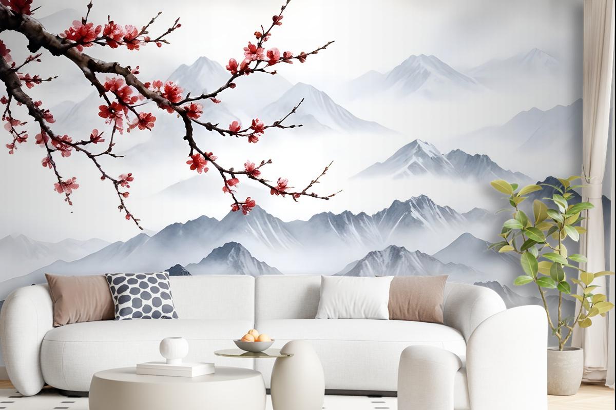 Snowy Mountainscape With Cherry Blossom Wallpaper Mural