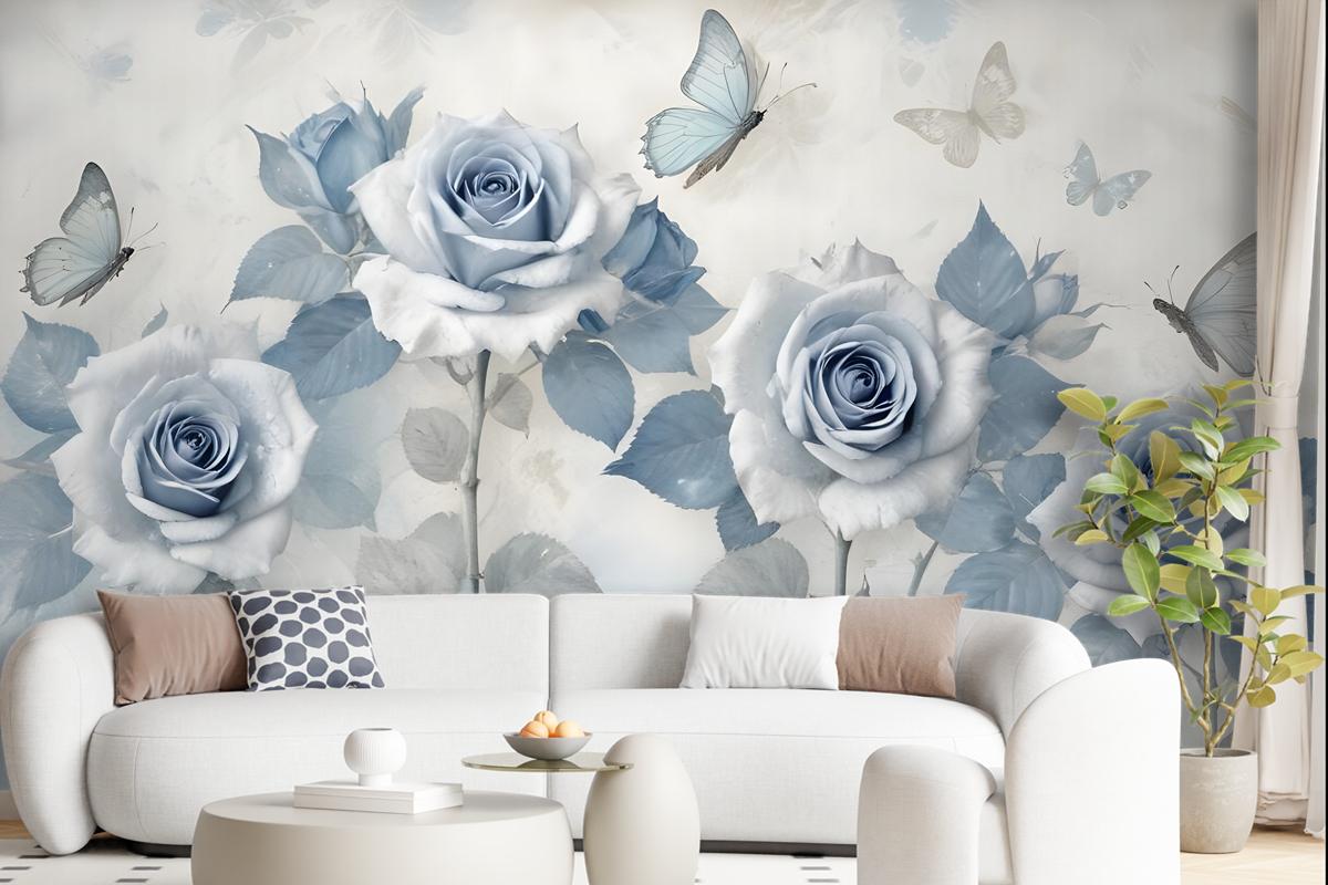 Soft Blue Floral Wallpaper Mural