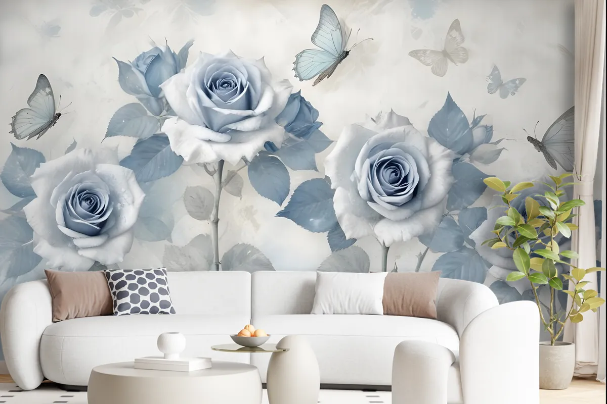 Soft Blue Floral Wallpaper Mural