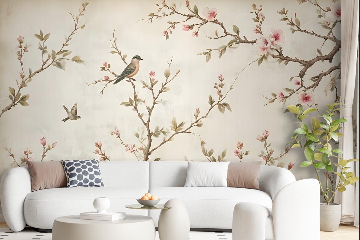 Soft Chinese Florals With Little Birds Wallpaper Mural