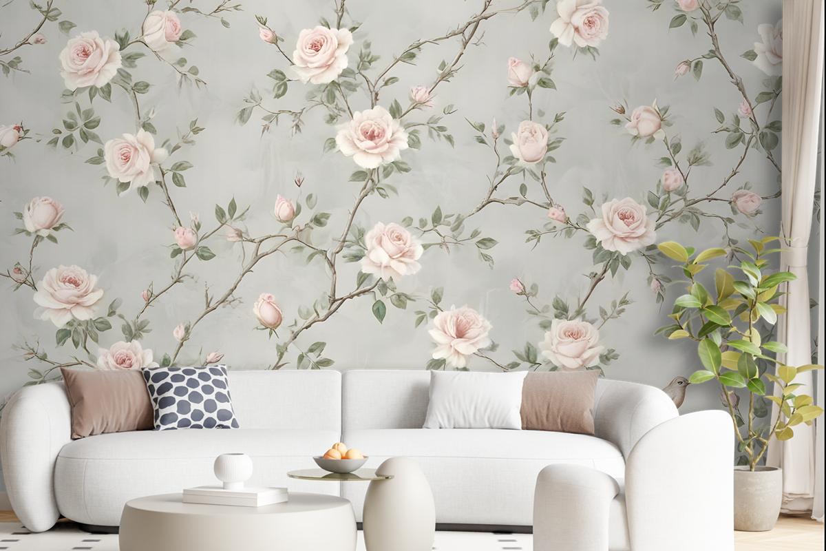 Soft Chinoiserie Peony Tree Blossom Art Wallpaper Mural