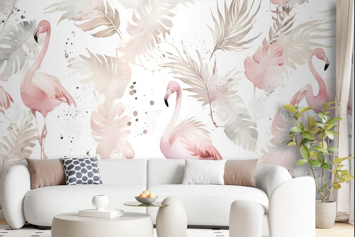 Soft Flamingo Art With Boho Tropical Leaf Wallpaper Mural