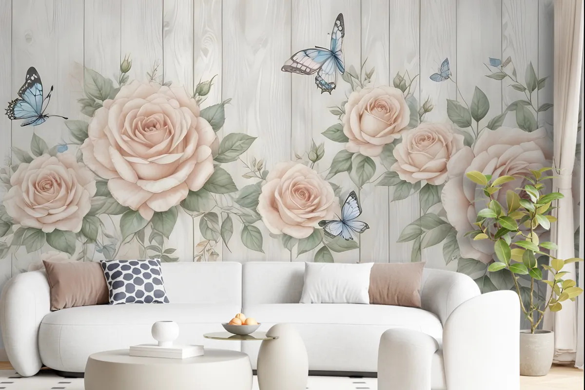 Soft Floral With Butterfly Wallpaper Mural