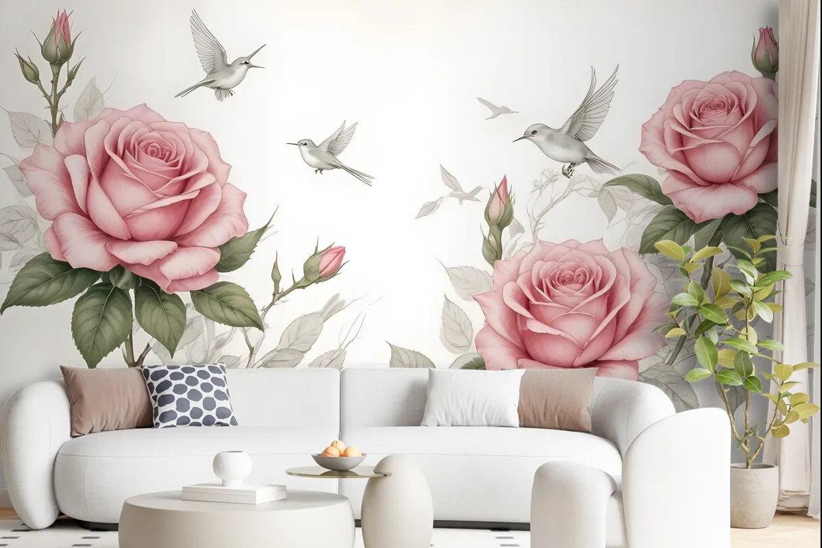 Soft Pink Flower And Charcoal Drawing Roses Wallpaper Mural