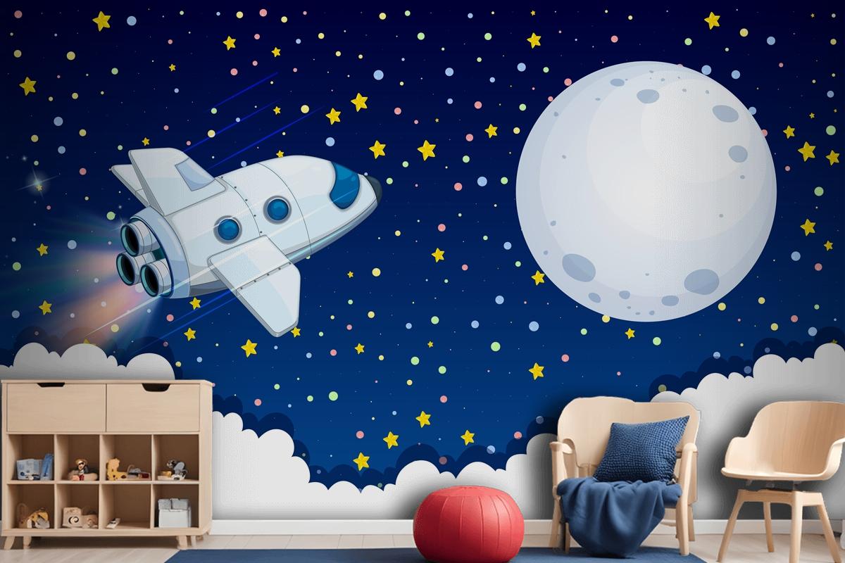 Spaceship Flying To The Moon Wallpaper Mural