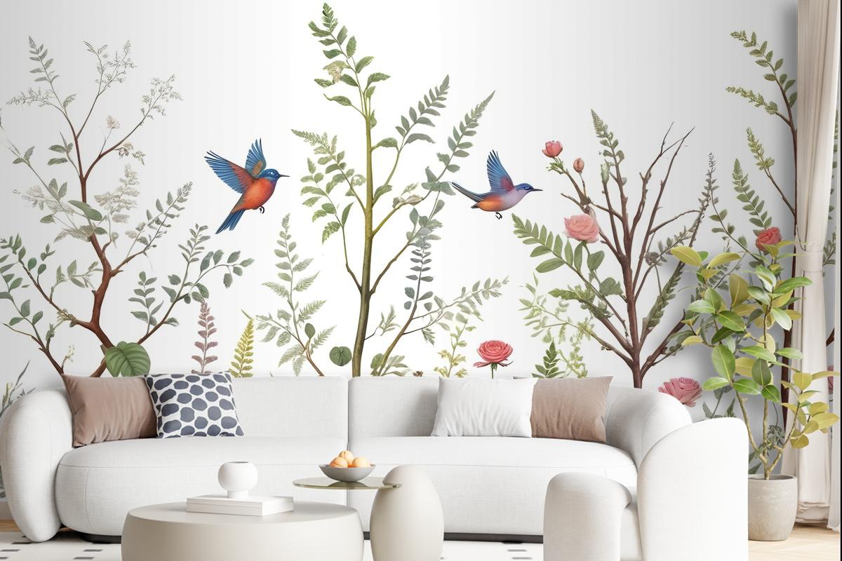 Spring Flower With Birds On The Trees Wallpaper Mural