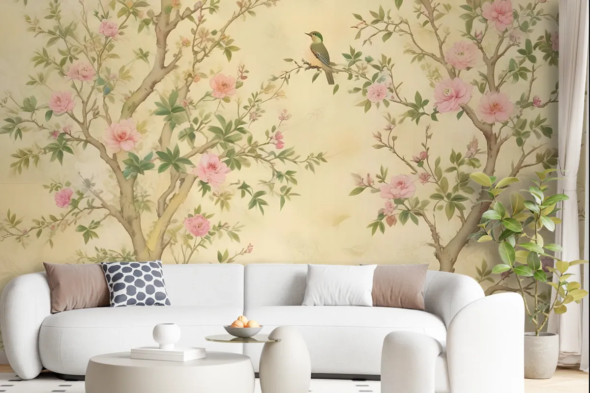 Spring Flowers Birds On The Yellow Background Floral Chinoiserie Wallpaper Mural