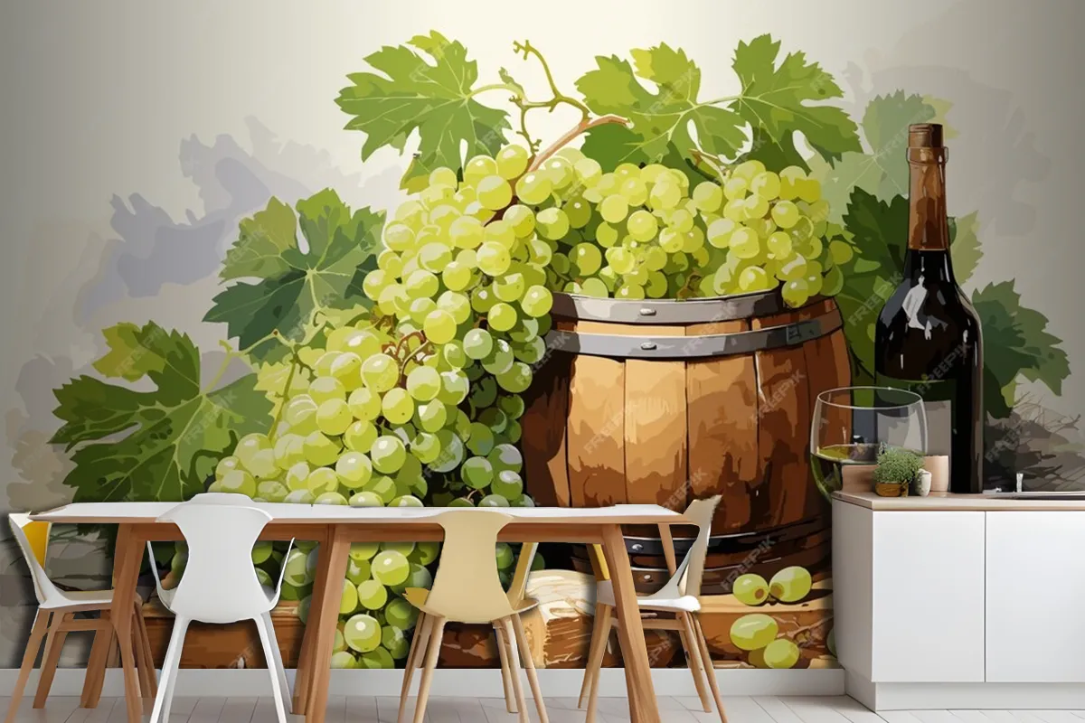 Still Life With Bottle Of White Wine Glass Of Wine And Grapes On Table In Vineyards Wallpaper Mural