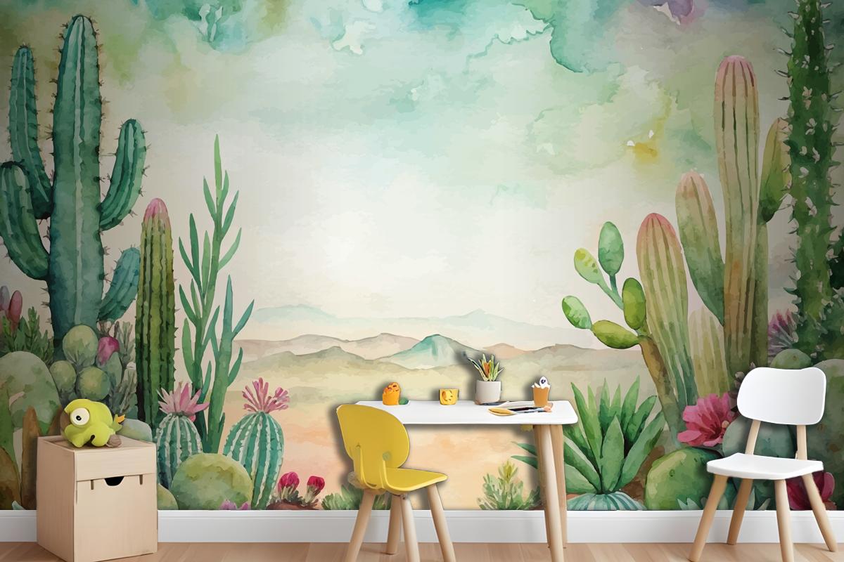 Succulent And Cactus Watercolor Background Wallpaper Mural