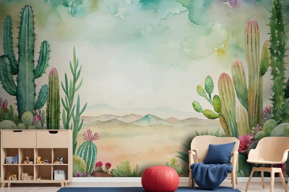 Succulent And Cactus Watercolor Background Wallpaper Mural