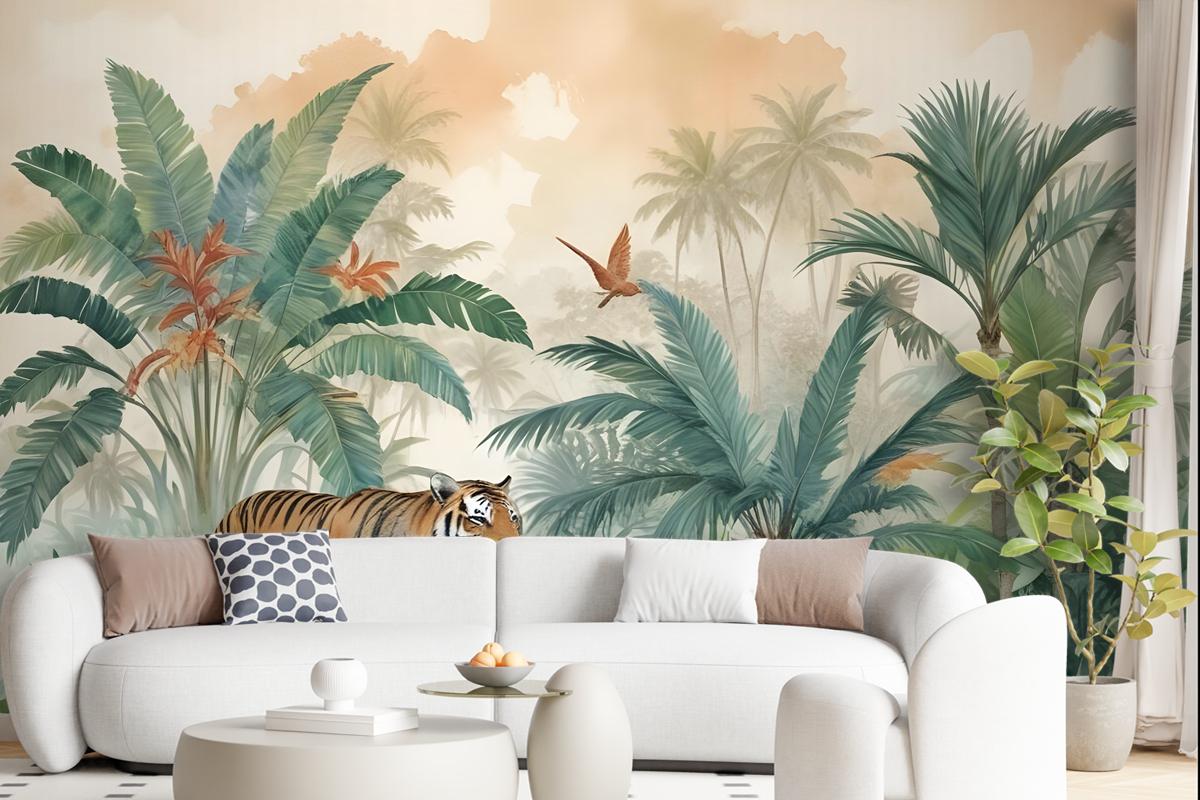 Tiger And Tropical Leaves Wallpaper Mural