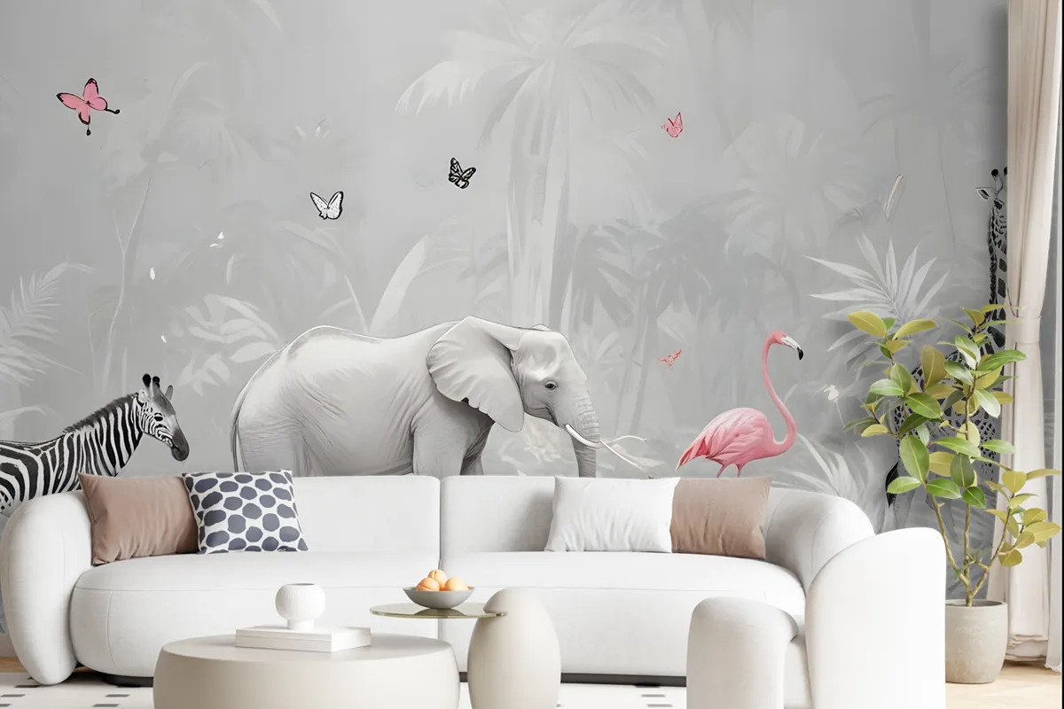 Tropical Animals With Leafs Wallpaper Mural For Children