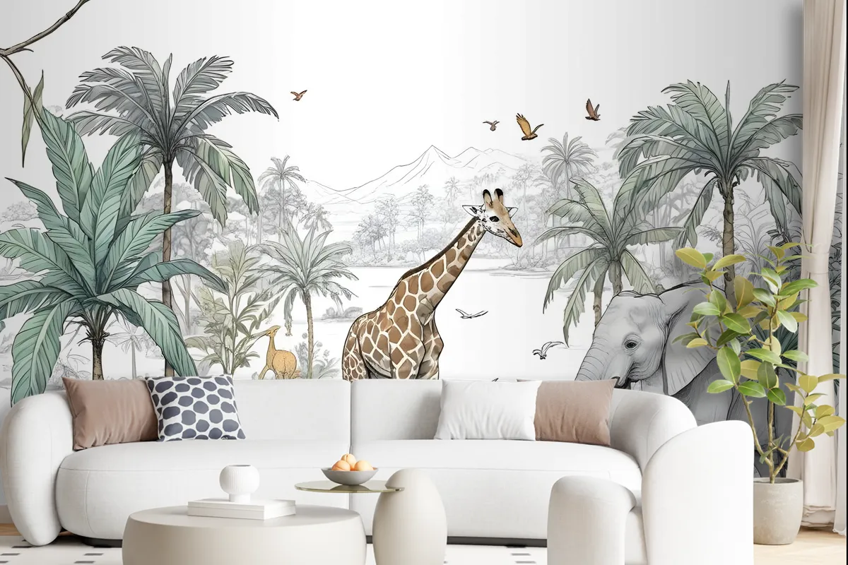 Tropical Animals With Mountain Wallpaper Mural