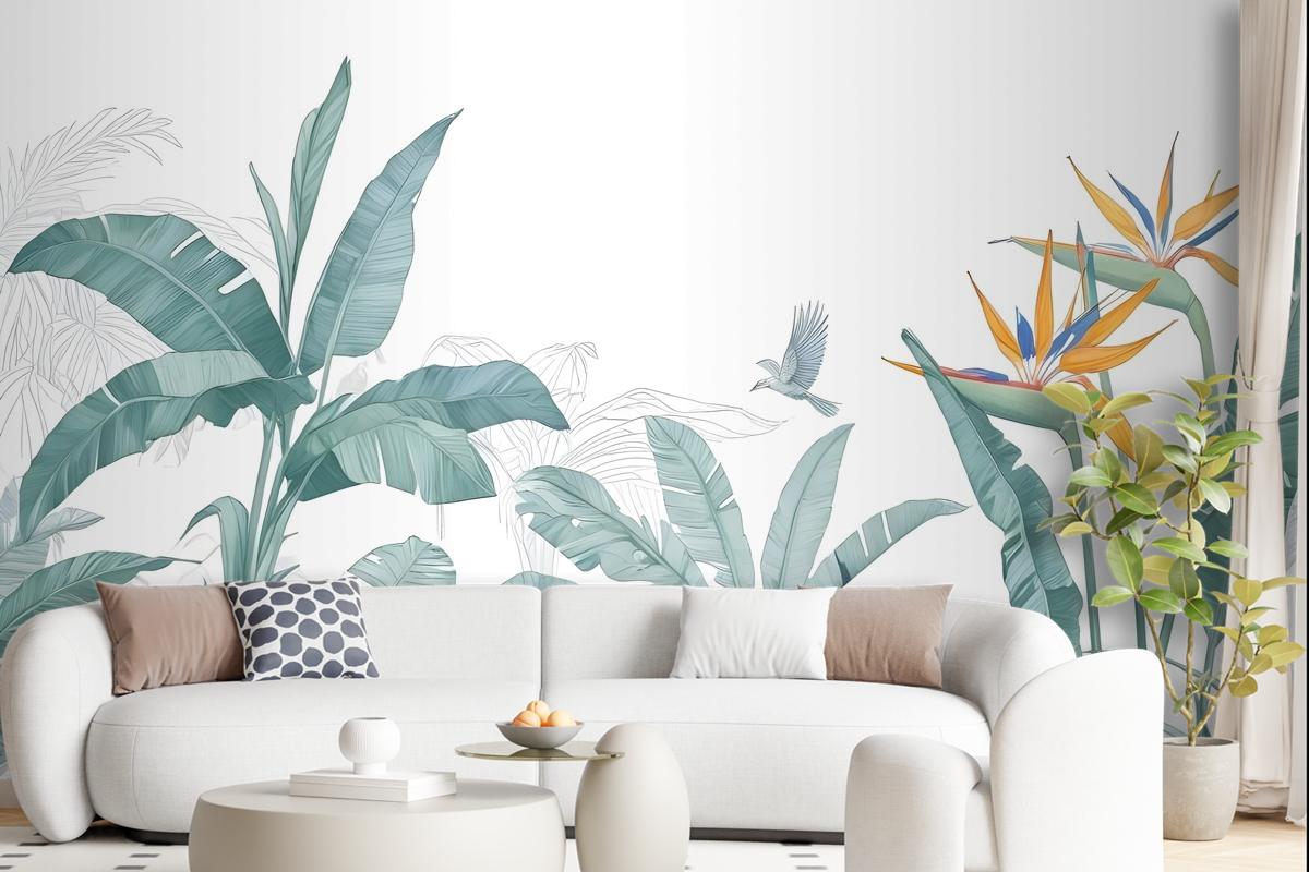 Tropical Banana Leaf With A Bird Wallpaper Mural