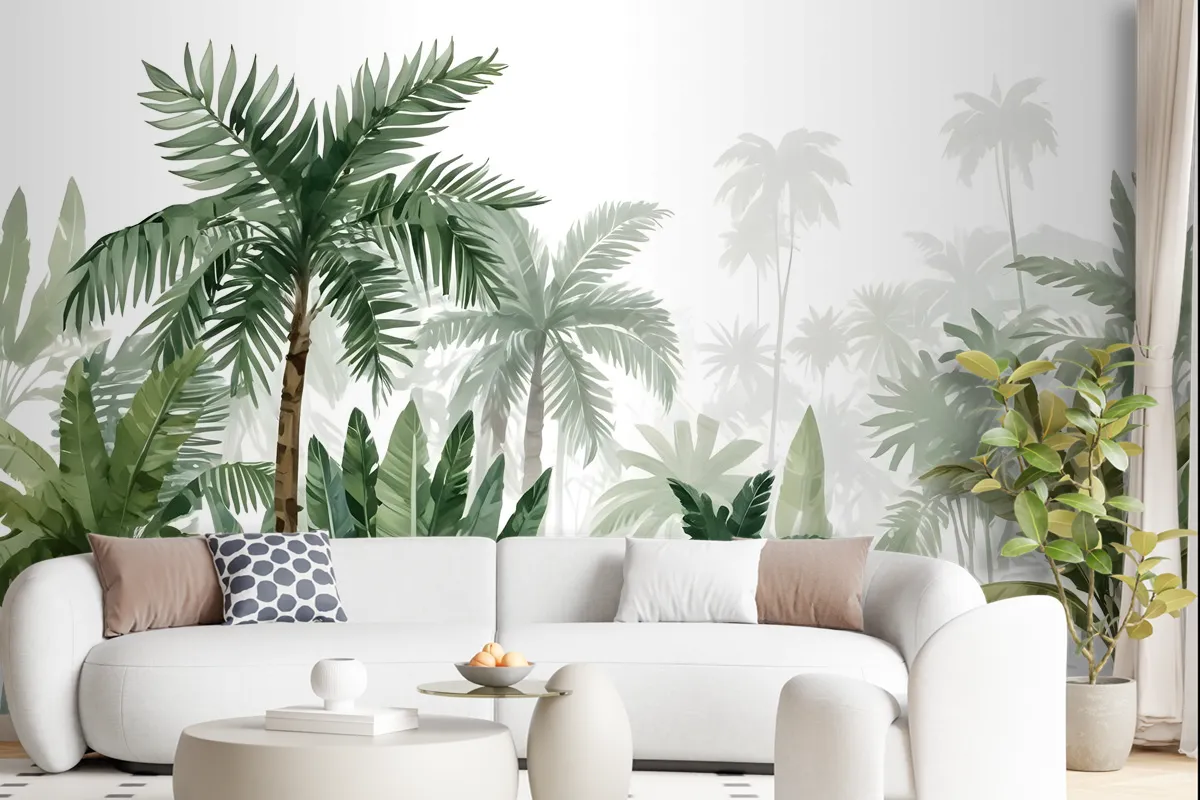 Tropical Cartoon Palm Tree And Banana Leaves Wallpaper Mural