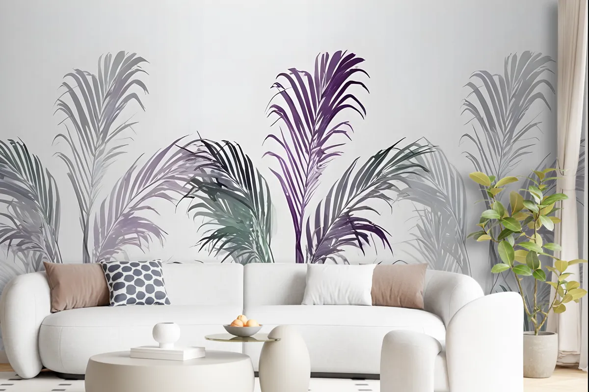 Tropical Fresh Purple Green Palm Leaves Wallpaper Mural