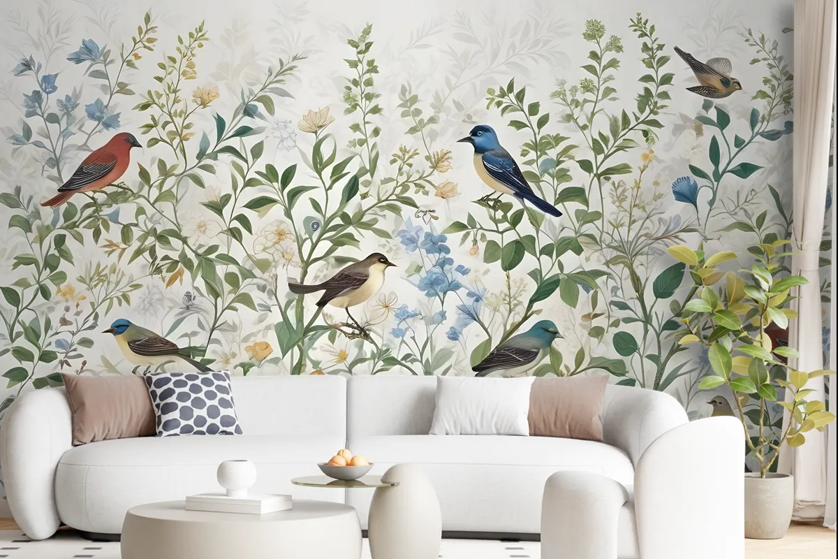 Tropical Green Leaves With Stork Wallpaper Mural