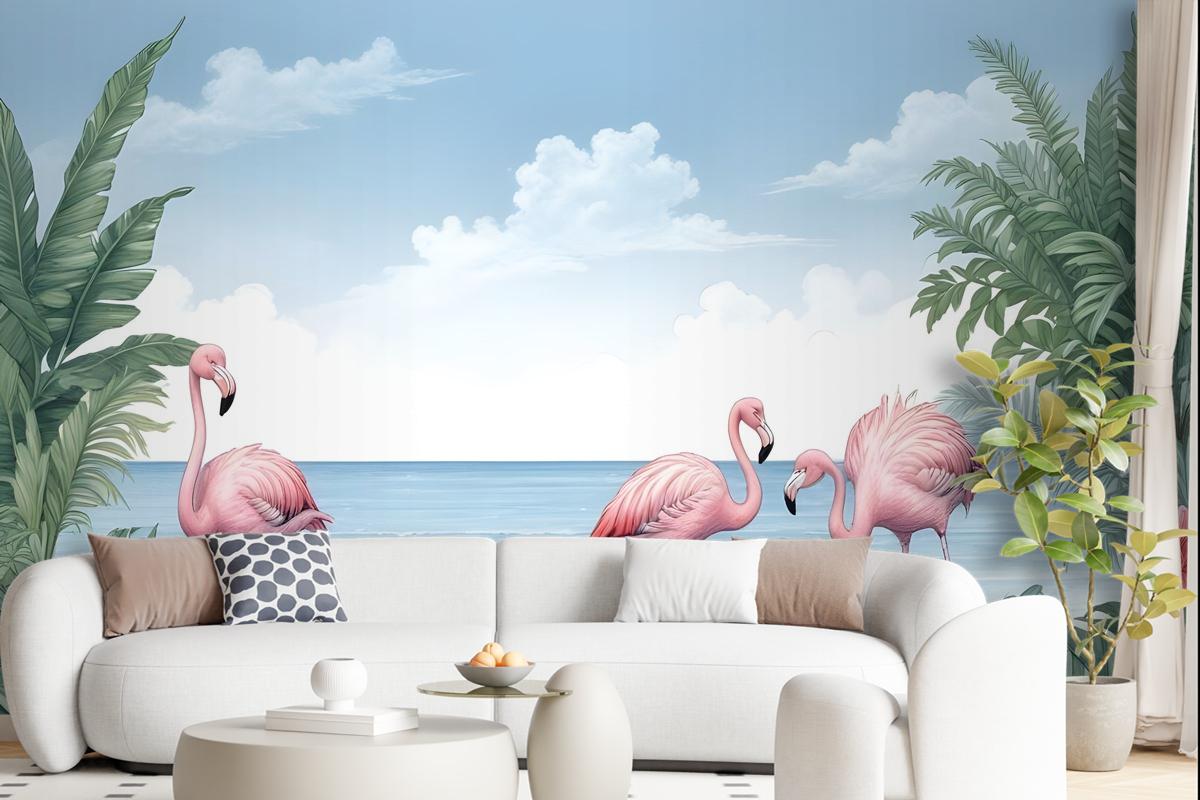 Tropical Landscape With Flamingos Wallpaper Mural