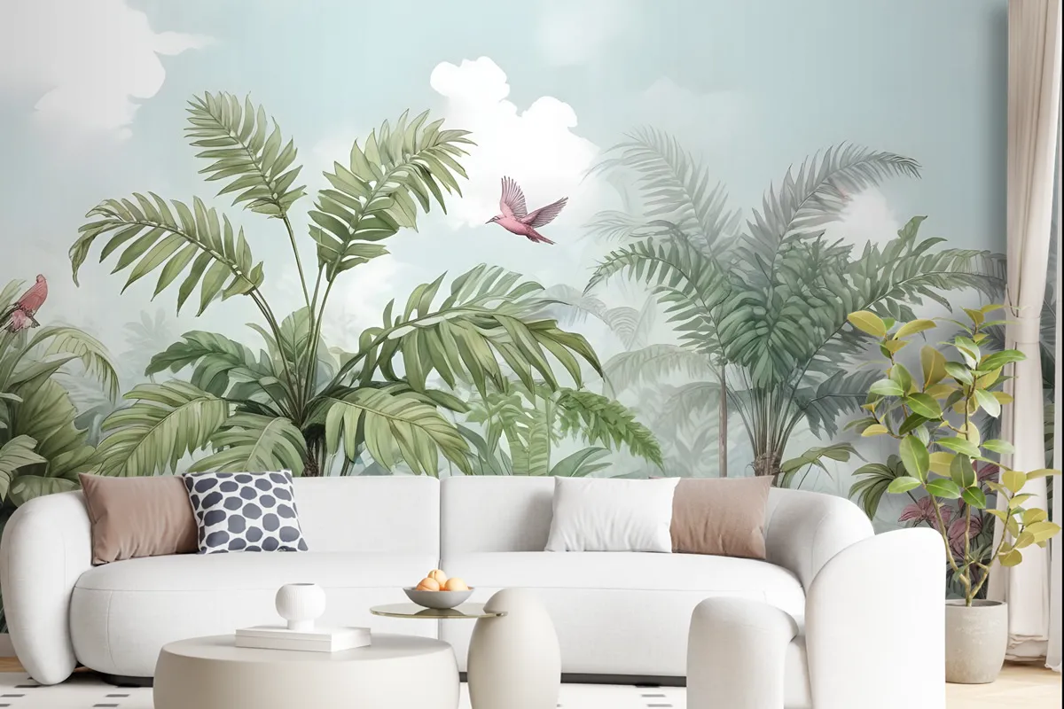 Tropical Leaves With Birds And Florals Wallpaper Mural