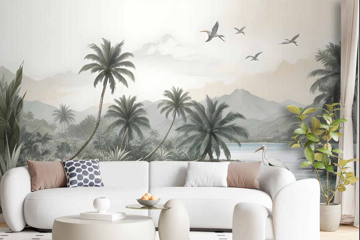 Tropical Nature Landscape With Birds Wallpaper Mural