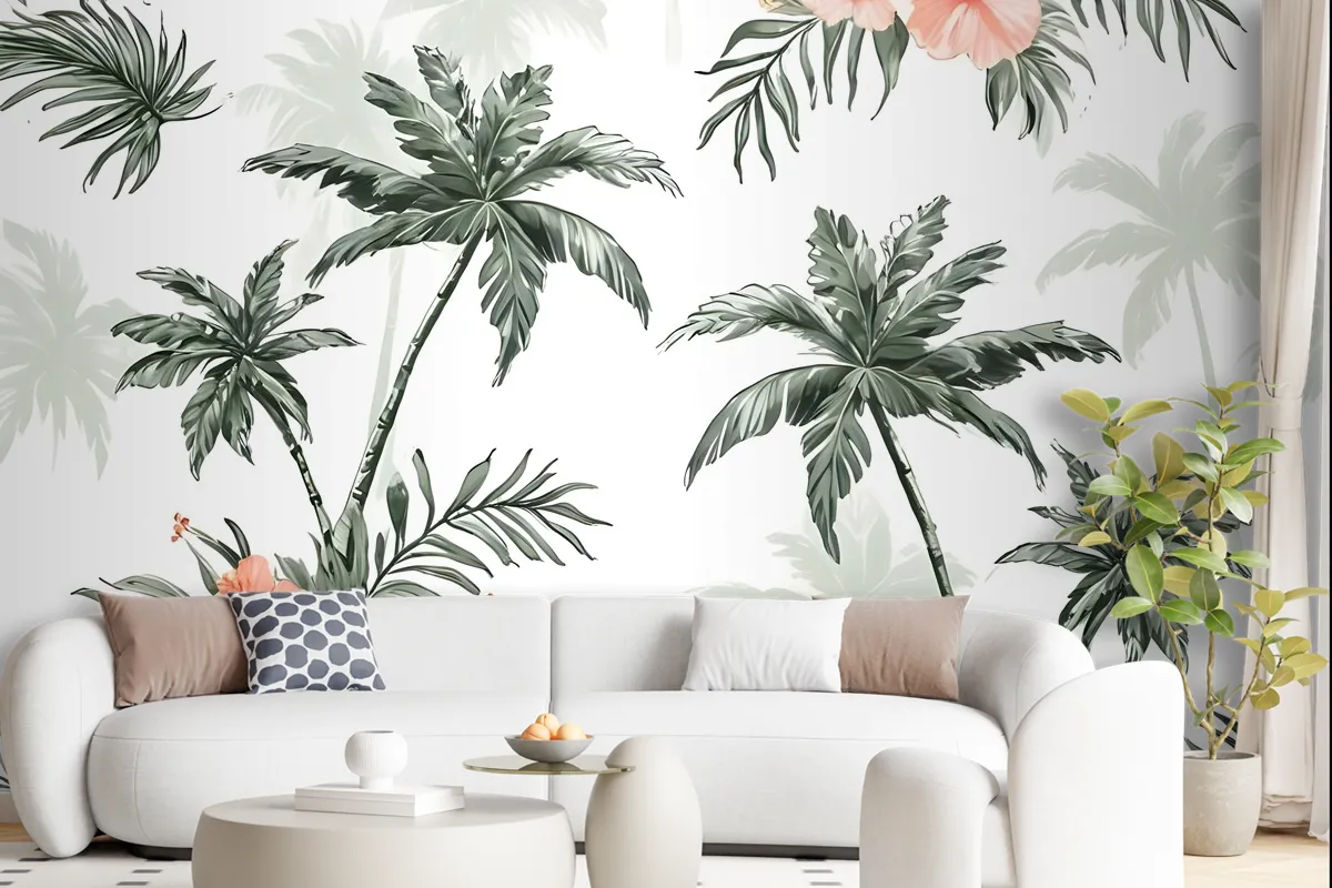 Tropical Palm Tree With Mirabilis Floral Pattern Wallpaper Mural