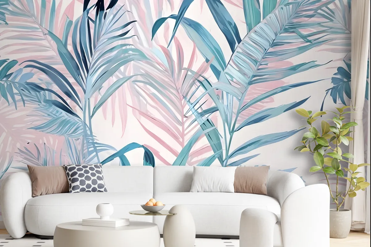 Tropical Pink Exotic Colorful Palm Leaf Wallpaper Mural