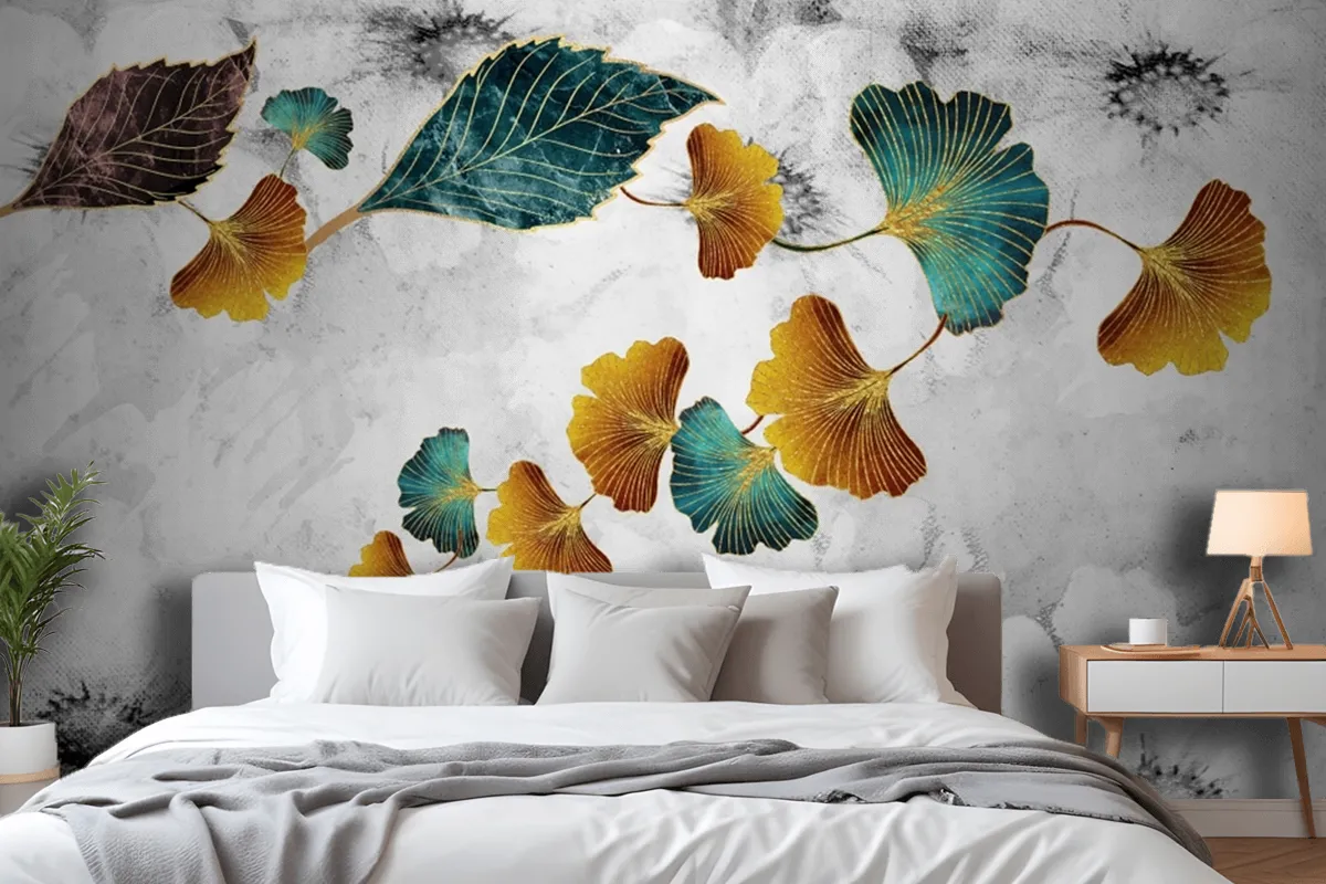 Turquoise And Golden Ginkgo Leaves In Light Gray Canvas Paint Wallpaper Mural