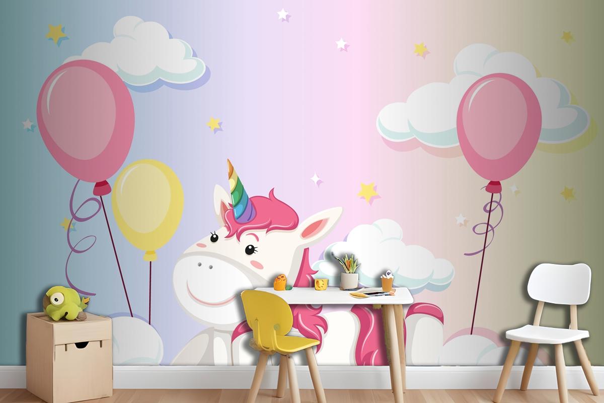 Unicorn Lay On The Cloud On Colorful Pastel Sky Background Wallpaper Mural