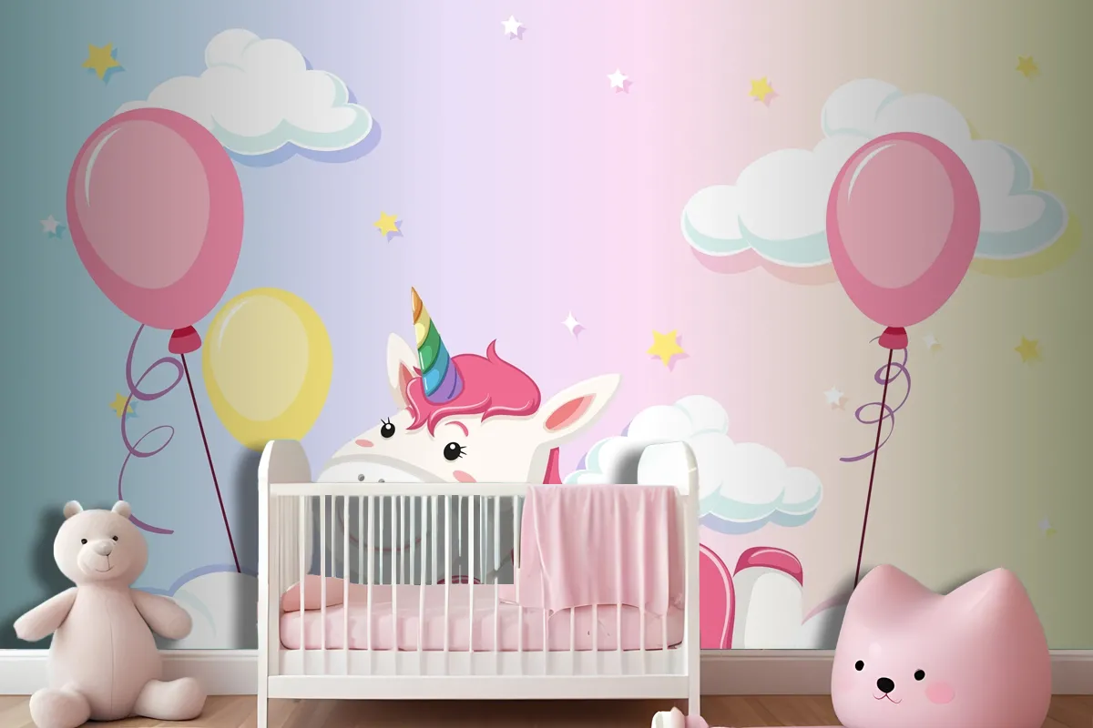 Unicorn Lay On The Cloud On Colorful Pastel Sky Background Wallpaper Mural