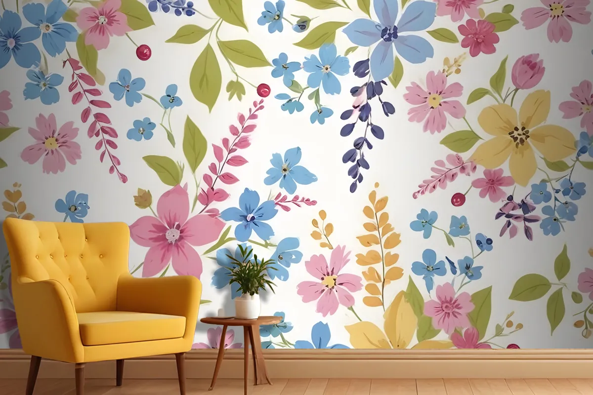 Various Flowers In Shades Of Pink Blue Yellow And Green Wallpaper Mural