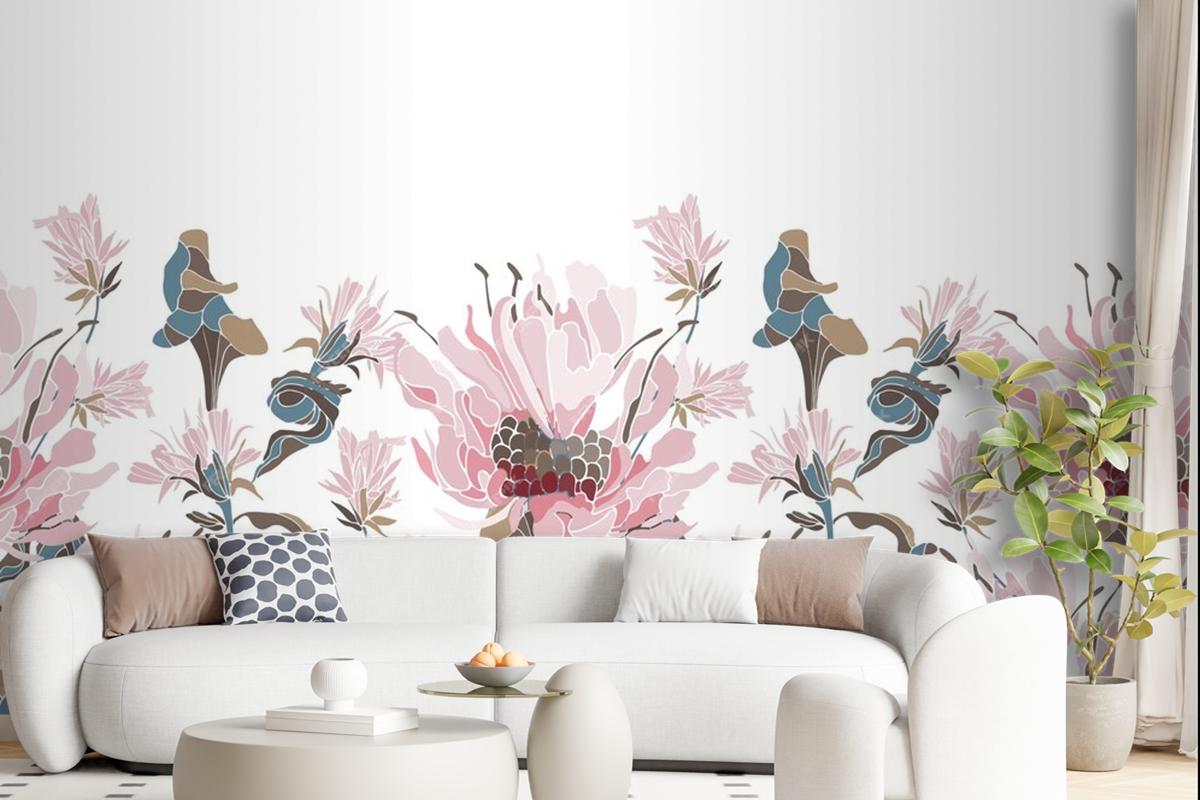 Pink Flowers Herbs Wallpaer Mural