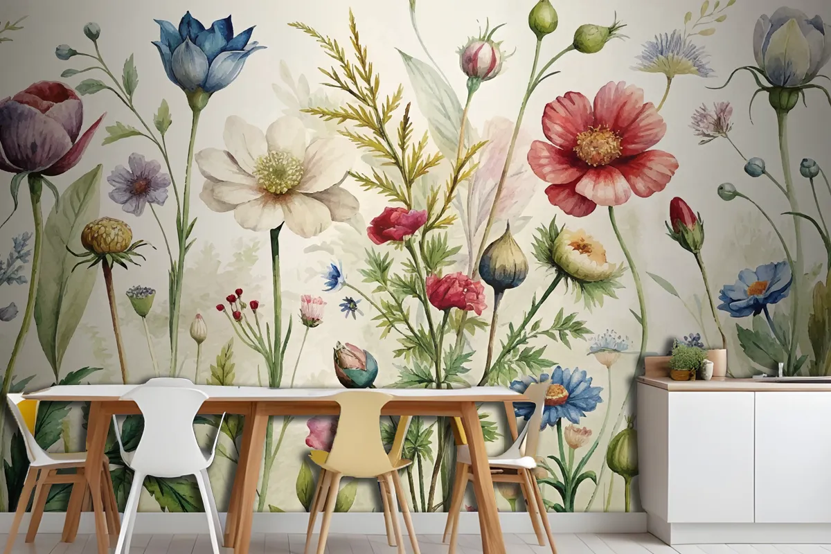 Vintage Botanical Style Wildflower Watercolor Wallpaper Mural