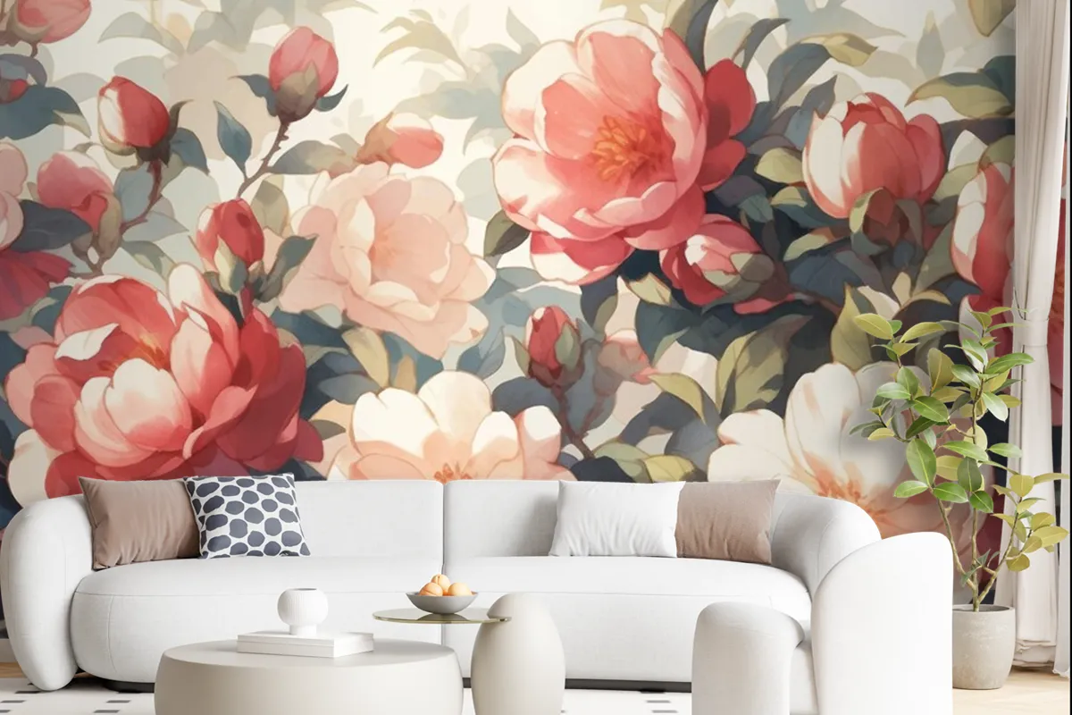 Vintage Camellia Pattern With White Background Wallpaper Mural