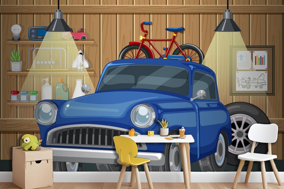 Vintage Car And Bicycle In Wooden Garage Wallpaper Mural