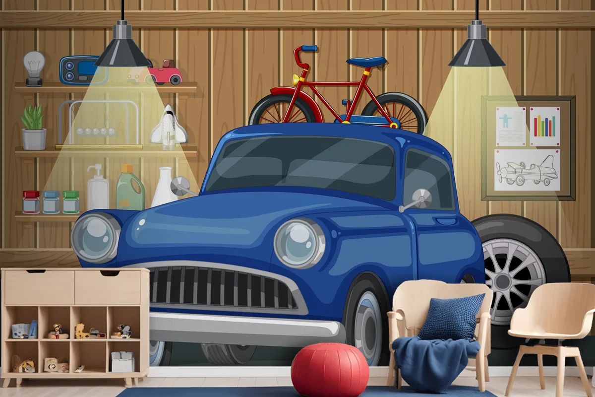 Vintage Car And Bicycle In Wooden Garage Wallpaper Mural