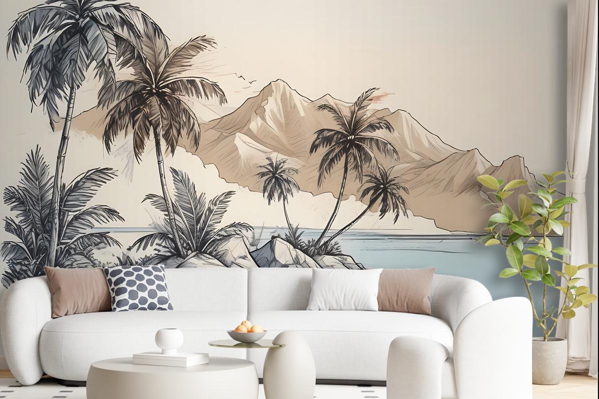 Vintage Charcoal Tropical Palm Tree And Summer Beach Wallpaper Mural