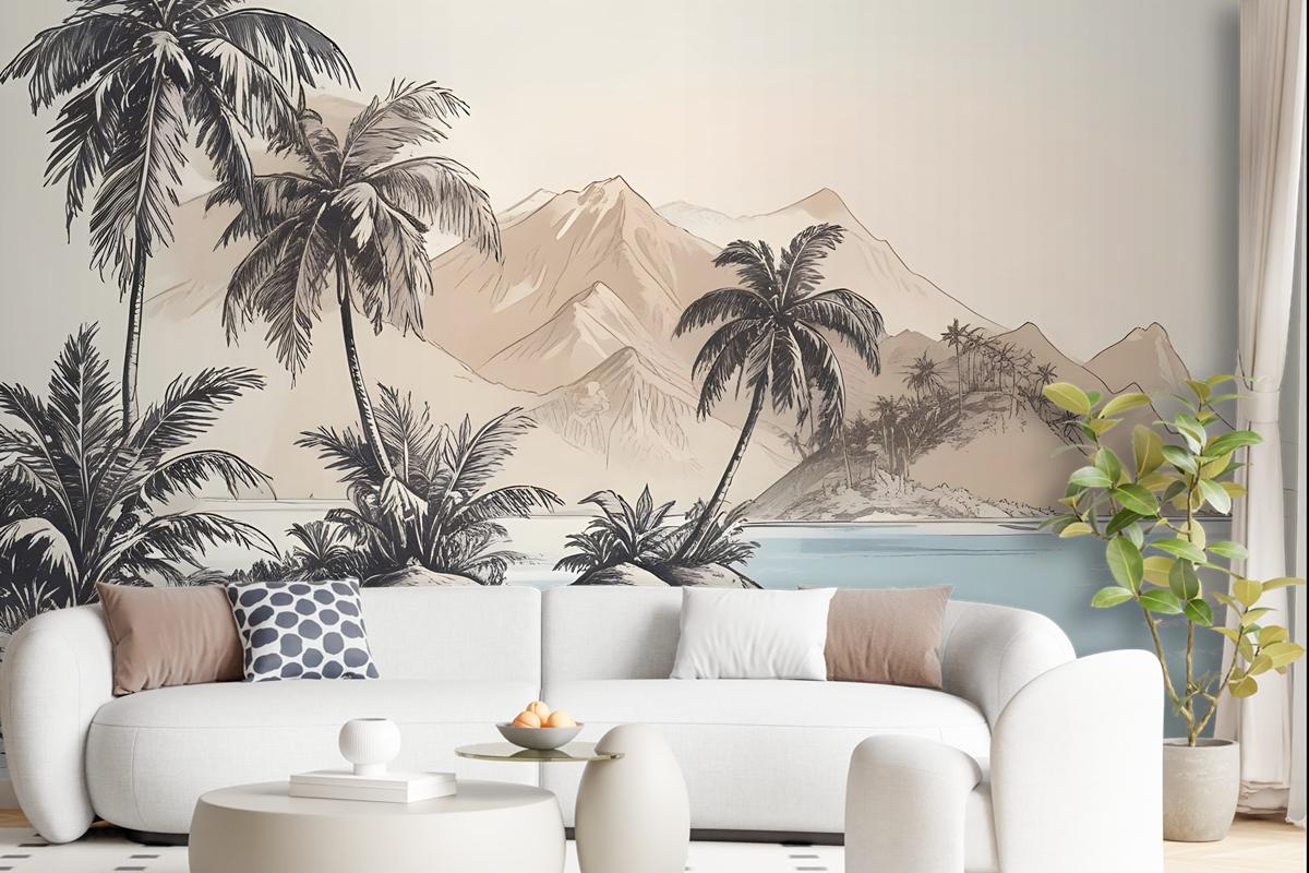 Vintage Charcoal Tropical Palm Tree And Summer Beach Wallpaper Mural