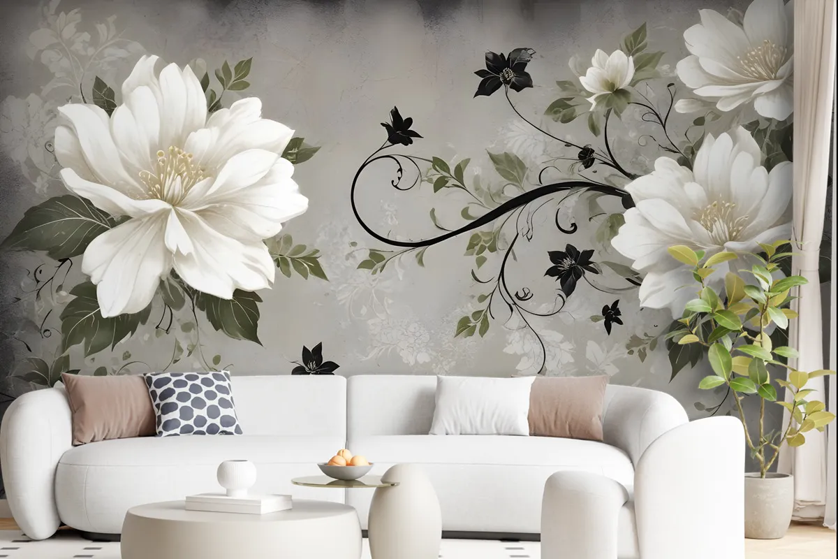 Vintage Cream Flowers Art Wallpaper Mural