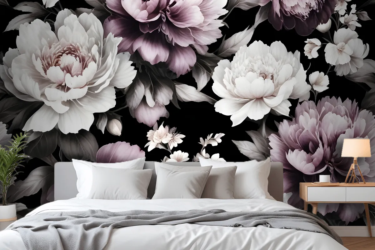 Vintage Dark Large Peony Flower  Bedroom Wallpaper Mural