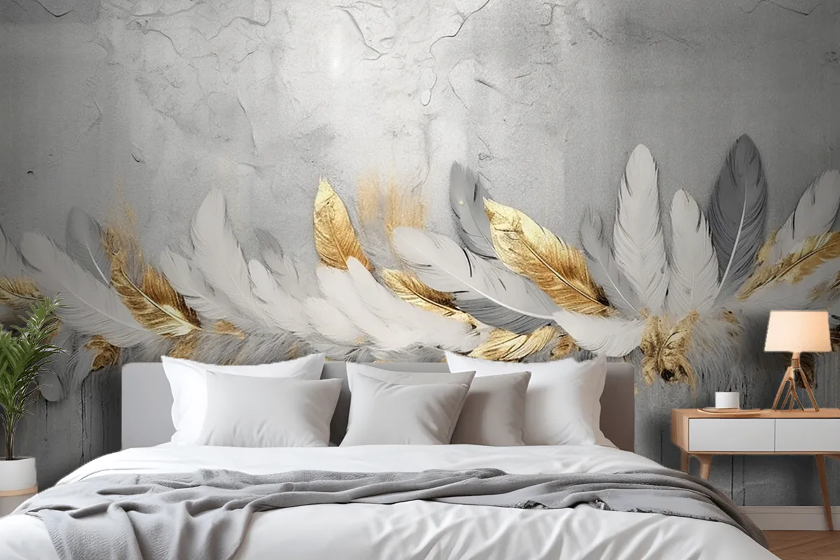 Vintage Feathers Blue Gold Brushstrokes Wallpaper Mural